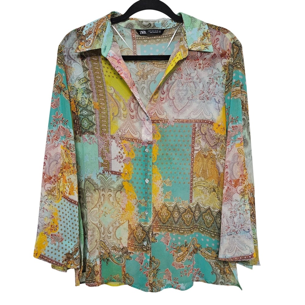 Zara Boho Cottagecore Vintage Patchwork Satin-like Blouse Paisley Floral Scarf S